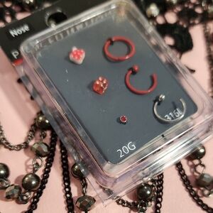 20G Body Jewelry Set - Red and Silver Hoop Nose Earrings Collection